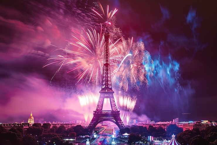 Paris Bastille Day July 14 parades and Eiffel Tower fireworks celebrating French history.