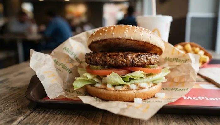 A McDonald's McPlant burger unwrapped, showing its plant-based patty, lettuce, and bun.
