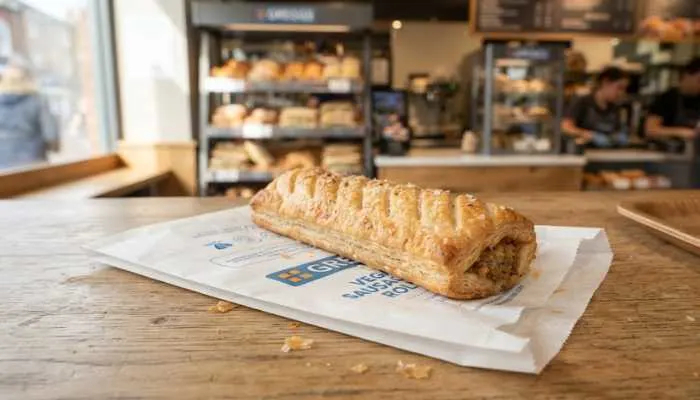 Greggs golden-brown flaky vegan sausage roll served on a paper bag.
