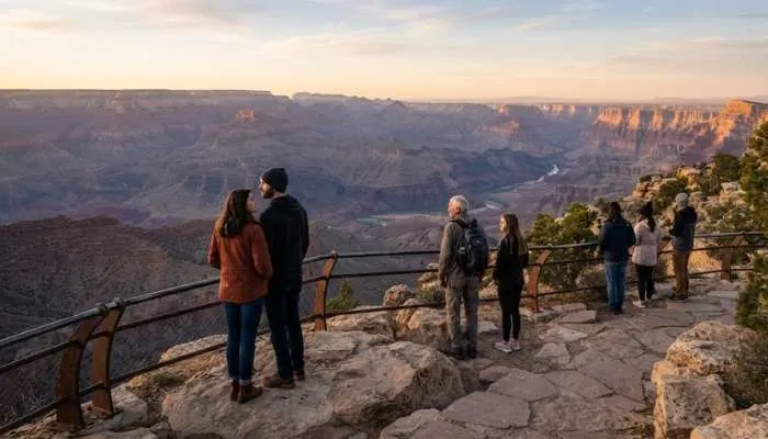 Visitors looking out over the vast expanse of the Grand Canyon South Rim during early morning light.