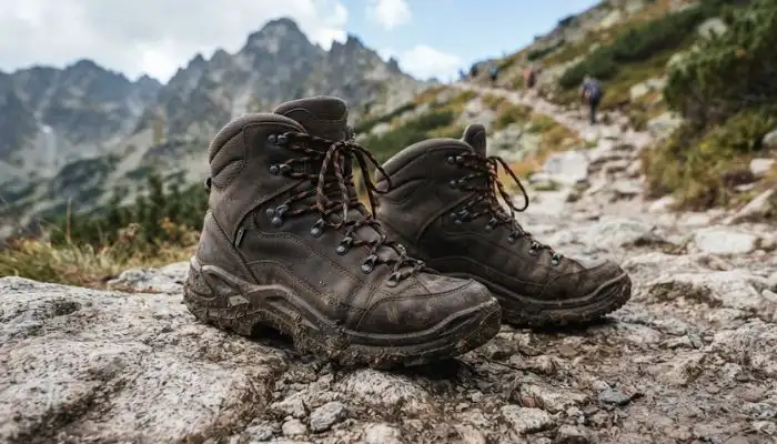 A close-up of a pair of durable, waterproof hiking boots resting on a rocky mountain trail.