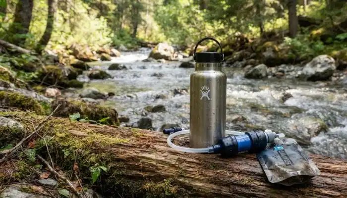 A stainless steel water bottle and a portable backcountry water filter resting on a log near a stream.