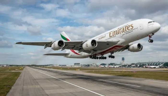 Massive double-deck Airbus A380 passenger plane taking off from a runway