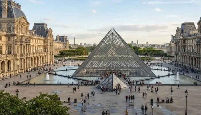 The iconic glass pyramid and entrance courtyard of the Louvre Museum in Paris