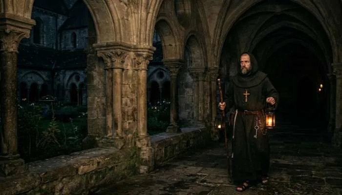 Medieval monk circator patrolling dark abbey cloisters to monitor rules and discipline