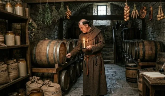 Medieval cellarer monk inspecting food supplies and storage barrels in an abbey cellar